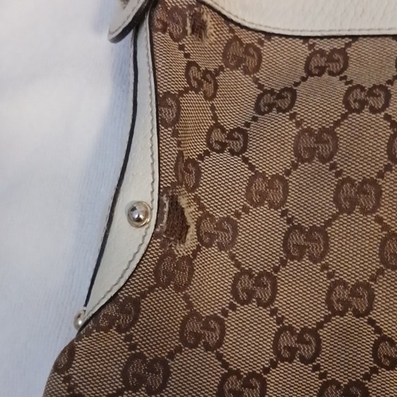 Gucci Tote Bag STUDDED Shoulder Bag RED Green Strap IVORY LEATHER added patch - Picture 15 of 16